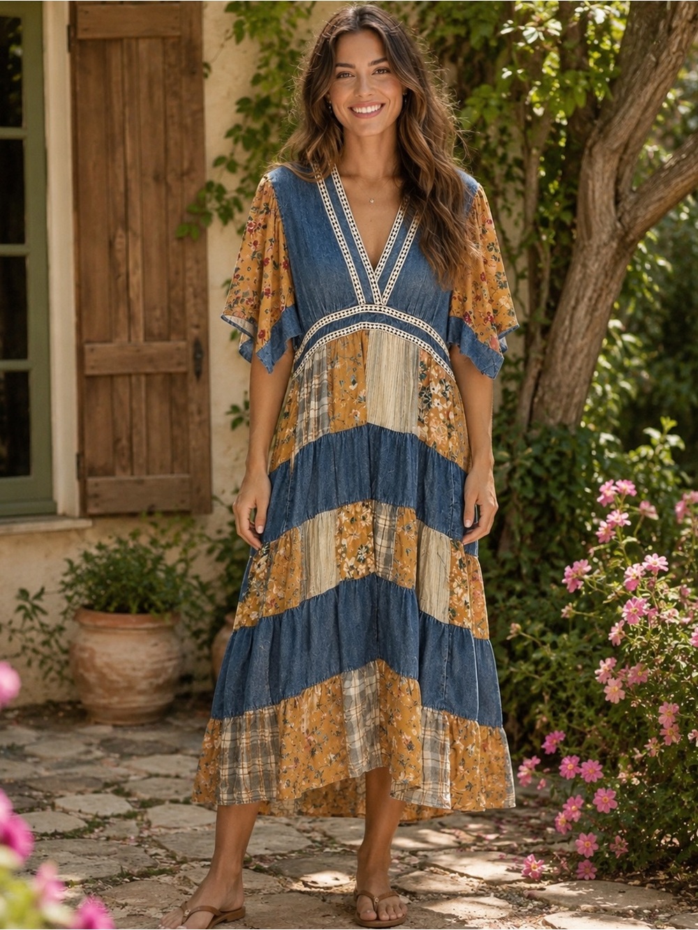 H084 NWT Young Threads S ptp19 Boho Denim Patchwork Maxi Dress